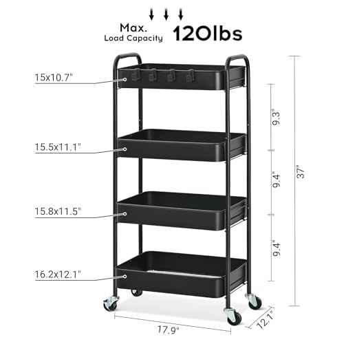 TOOLF 4-Tier Metal Rolling Cart with Wheels, Storage Utility Organizer Cart for Kitchen, Bathroom, Office, Baby Essentials & Makeup - Lockable Casters, Easy Assembly, Large Capacity, Black