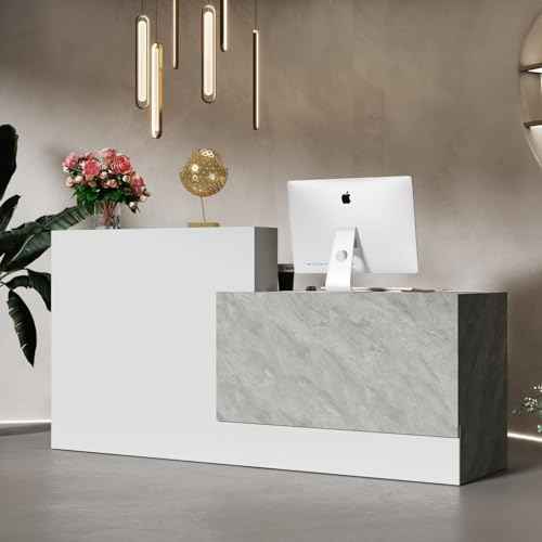 FAMAPY Reception Desk with Shelves, Modern Reception Table with Storage, Front Counter Checkout Table Retail Counter for Lobby Shop, White and Grey, 23.6¡±D x 86.6¡±W x 43.3¡±H