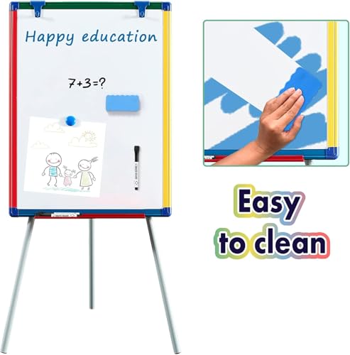 Multicolor Kids Standing Whiteboard with Adjustable Height 24x18 inch Magnetic Easel & Flipchart for Learning