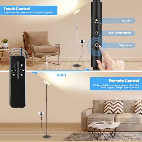 LED Floor Lamp, 3000LM 30W Super Bright Standing Lamp, 300W Equivalent Modern Torchiere Sky Lamp, 2700K-6500K Stepless Dimming with Remote & Touch Control, 69" Tall Lamp for Living Room Bedroom Office