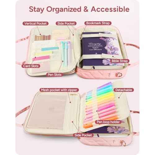 Bible Journaling Kit ? Quilted Bible Cover Case for Women, 31 Highlighters, 75 Tabs, Bible Study Supplies & Christian Gift for Women and Teens (Shoulder Strap, Blush Pink)