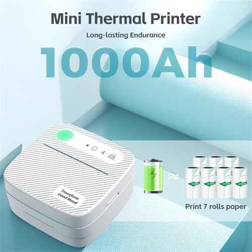 Sticker Printer with 7 Rolls Sticker Paper,Bluetooth Thermal Compatible with iOS & Android, Mini Pocket Portable and Inkless,Study for Flashcards, DIY, Notes