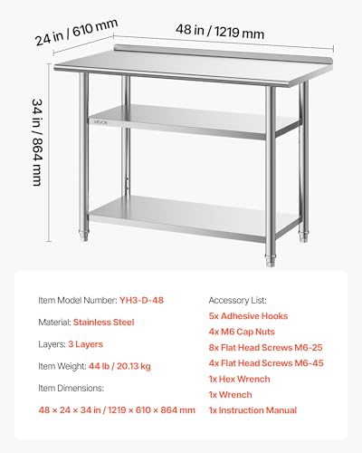 VEVOR Stainless Steel Kitchen Work Table 24x48 in with 2 Shelves Backsplash