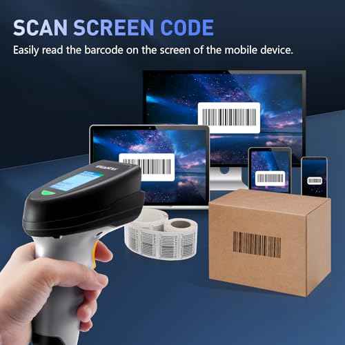 Barcode Scanner Wireless, ONEWSCAN 1D Barcode Reader with Smart Charging Base Stand 2.4G Wireless & USB Wired Connection Plug and Play Handheld Bar Code Scanners with Screen