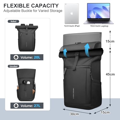 Rolltop Laptop Backpack, Water-Resistant Bussiness Travel Backpack for Men Women, Expandable 20-27L Casual Daypack for 15.6 inch Computer, Work Bag for Commute/College/Hiking,Black