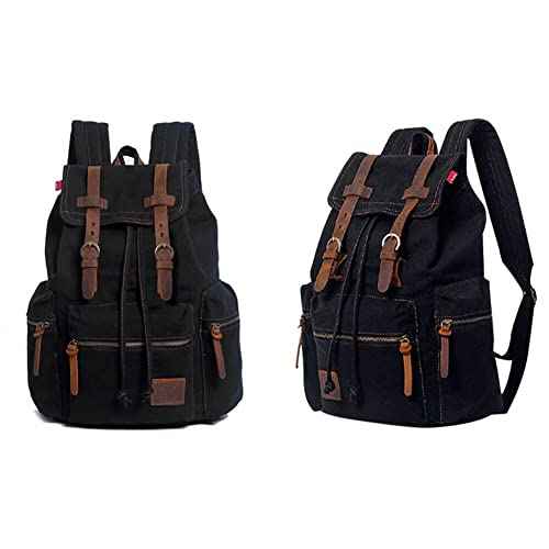 Canvas Backpack Unisex Vintage Casual Rucksack 17 inch Laptop Daypacks Schoolbag College Bookbag Hiking Camping Travel Bag Black