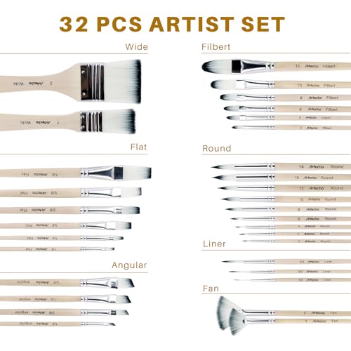 Artecho 32 PCS Paint Brushes for Acrylic Painting, Acrylic Paint Brushes for Oil, Watercolor, Acrylic, Gouache and Canvas Painting