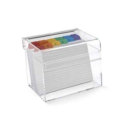 OSCO Clear Acrylic Index Box, Large, A to Z Divider Tabs, 100 Lined Note Cards, 7" x 5", Ruled Revision Flash Cards, Recipe Notes, Office Contact Filing, Desktop Organiser, 177 x 127 mm