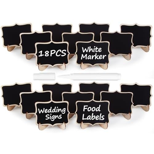 Herda 18 PCS Mini Chalkboard Signs with Easel Stand, Wooden Blackboard Labels for Wedding Celebration, Name/Place Cards, Food Labels for Party Buffet, Reusable Signs/Message Boards/Table Numbers etc.