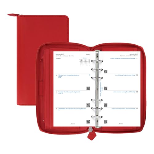 Filofax Saffiano Zip Organizer, Personal Compact Size, Poppy - Cross-Grain, Leather-Look, Six Rings, Week-to-View Calendar Diary, Multilingual, 2025 (C022534-25)