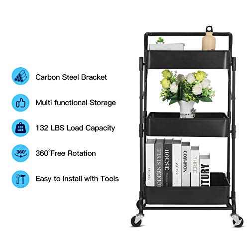 Foldable 3 Tier Metal Utility Rolling Cart, Folding Mobile Multi-Function Storage Trolley Organizer Cart for Home Library Office(Black)