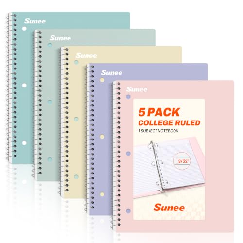 SUNEE Pastel 5-Pack Spiral Notebooks - 1 Subject, College Ruled, 8 x 10.5 inches, 70 Sheets, Pink, Purple, Blue, Green, Yellow
