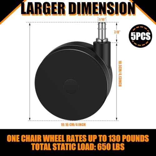 5 Pcs 4'' Extra Large Chair Wheels for Carpet Heavy Duty Office Twin Chair Casters Replacement 7/16 x 7/8 Grip Ring for Furniture Hardwood Floor Computer Desk Safe Rotating Wheels(Black)