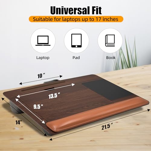 Wooden Laptop Tray with Leather Wrist Pad - Adjustable Angle Lap Desk with Cushion, Laptops Table for Couch,Bed, Fits Laptops Up to 17 Inches, Lap Laptop Desk with Mouse Pad, Brown