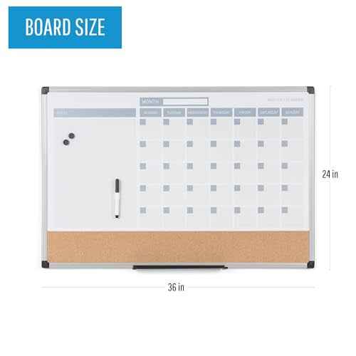 MasterVision Magnetic Dry Erase Monthly Calendar Planner Push Pin Corkboard Combo with Marker Tray, 24" x 36", Gray Plastic Frame, White, MB0707186P