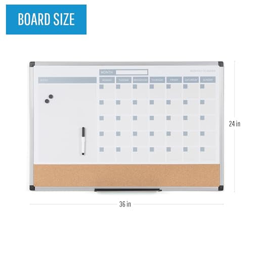 MasterVision 36W x 0.8H Inch 3-in-1 Monthly Dry-Erase Calendar Board for Office & Home