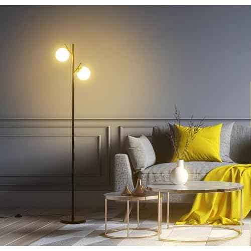 Fiqevs Globe Tree Floor Lamp, Mid Century Modern Standing Lamp with 2 LED Bulbs & Frosted Glass Shades, Retro Tall Pole Lamp for Living Room, Bedroom & Office