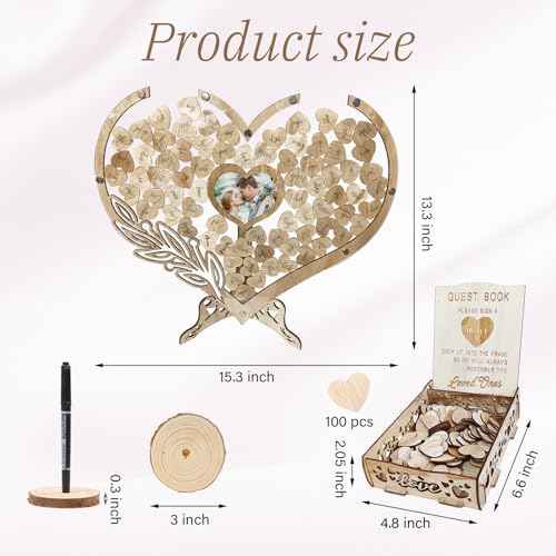 Wedding Guest Book Alternative, Rustic Heart Shaped Wooden Guest Book with 100 Wooden Hearts Tree for Wedding Party Birthday, Personalized Wedding Decor with Guest Sign-In Box & Heart Frame for Photo