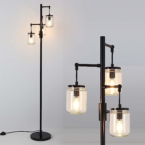 Dimmable Floor Lamp,Industrial Floor Lamp,Black Tree Lamp Standing Lamp Tall Lamps with 3 Elegant Glass Lampshades & 800 Lumens LED Bulbs for Living Room Bedroom Office (Black-A-Style)