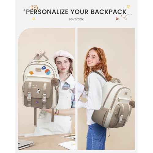 LOVEVOOK School Backpack for Teen Girls, Cute Student Backpack Purse Kid Bookbag for 14-16 Teenage, Back to School Backpacks Fit 15.6 Inch Laptop, Large College Travel Bag, Beige-Khaki