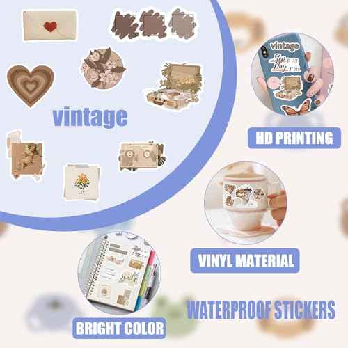 120Pcs Vintage Stickers, Waterproof Scrapbook Aesthetic Sticker for Daily Planner, Water Bottles, Handbook Junk Diary Stickers, Adults Scrapbooking Journaling Supplies DIY Paper Crafts