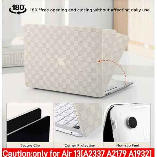 Compatible with MacBook Air 13 inch Case 2022 2021-2018 M1 A2337 A2179 A1932, Case for MacBook Air13 M1, Checkered Textured Cream Leather Hard Shell & Keyboard Cover for Mac Air 13, Beige