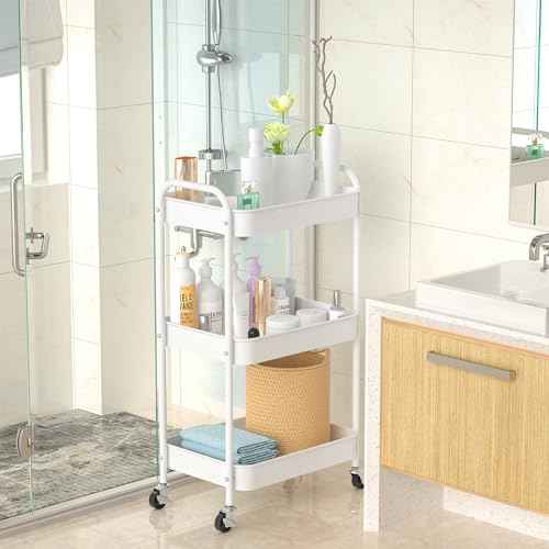 3-Tier Rolling Metal Storage Cart with Wheels, Multi-Functional Organizer for Office, Kitchen, Bathroom, Books Diapers - Easy Assembly (White)