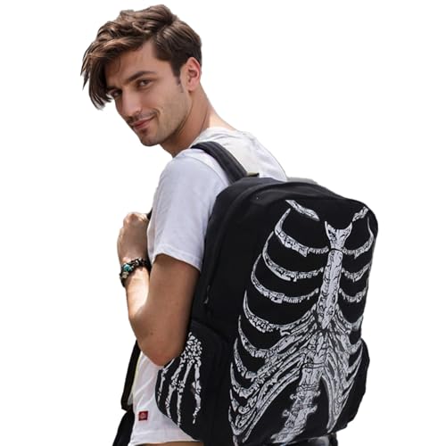 Punk Skull Black Vintage Backpack Gothic Ribcage Skeleton Laptop Bag EMO Backpack for Men and Women