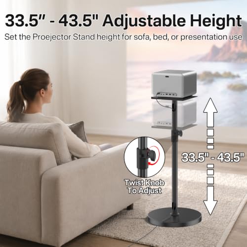 Yibracki Heavy Duty Floor Projector Stand with 8.9 x 9.4 Inch Tray, Height Adjustable 33.5-43.5 Inches, Supports Up to 50Lbs for Home, Office & Outdoor Movies