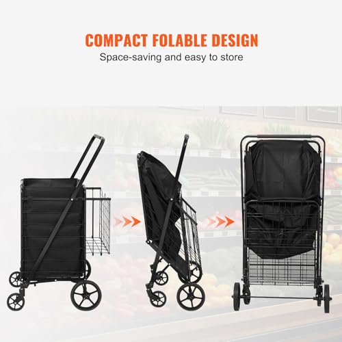 VEVOR Folding Shopping Cart with Removable Waterproof Liner, 210LBS Large Capacity Jumbo Grocery Cart with Dual Basket, 360¡Æ Swivel Wheels, Dense Metal Mesh Base, Heavy Duty Utility Cart for Shopping