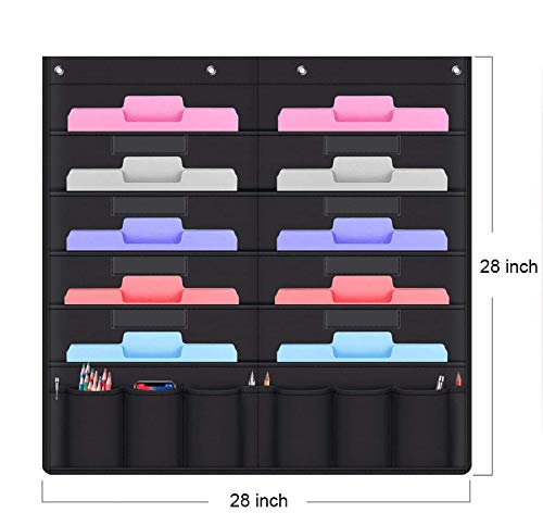 Storage Pocket Chart, Wall Hanging File Organizer Folder with 10 Large Pockets for Office, Home, School, Studio - Black 28 X 28 inch (10+6 pocket)