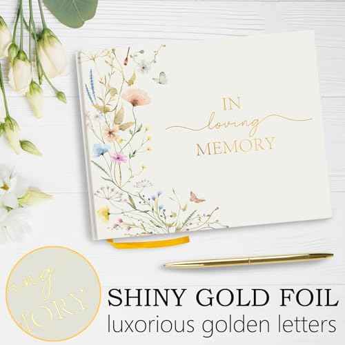 Hunanyume Funeral Guest Book for Memorial Service, in Loving Memory Guest Book with Gold Pen Please Sign Table Card, Wild Floral Funeral Sign in Book for Guests (7" x 9")