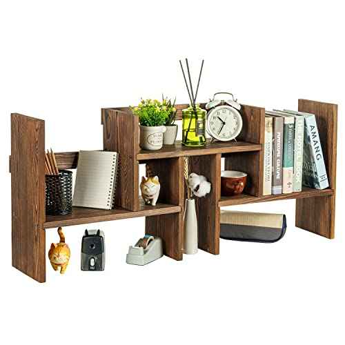 MyGift Adjustable Desktop Shelf, Deluxe Rustic Burnt Solid Wood Stackable Multilevel Bookshelf Organizer Stand, Home or Office Desk Storage Shelving Rack
