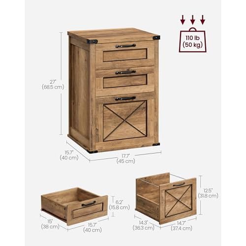 VASAGLE File Cabinet, Filing Cabinet with 3 Drawers, Printer Stand, Fit A4, Letter Size, Hanging File Folders, Modern Farmhouse Style, for Home Office, Honey Brown UOFC054T41