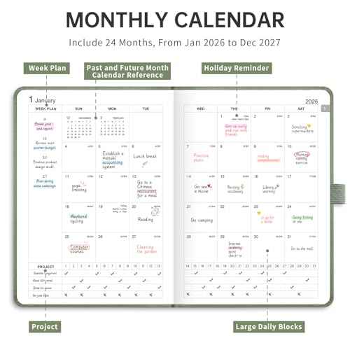 2026-2027 Monthly Planner, Jan 2026 - Dec 2027, Pocket Size (4.3" x 5.9"), 2026-2027 Calendar, 24 Self-adhesive Monthly Tabs, Leather Hardcover, 100 GSM Thick Paper (Light Green)