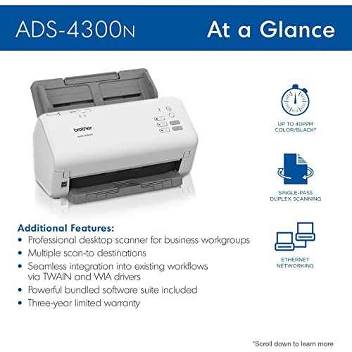 Brother ADS-4300N Professional Desktop Scanner with Fast Scan Speeds, Duplex, and Networking,White