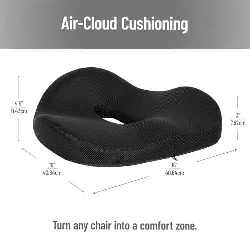Mind Reader Donut Pillow with Air-Cloud Technology, Ergonomic Memory Foam Seat Cushion for Tailbone, Hemorrhoid, Pregnancy & Lower Back Pain Relief, Washable Cover, Black