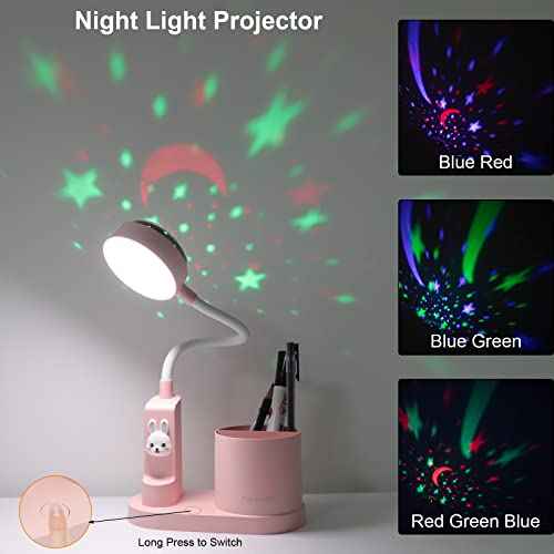 Cute Pink Rabbit Lamp for Kids Reading Study - Star Projector/Pen Holder/3 Brightness/Eye Caring, Rechargeable Led Table Desk Lamp for Home Office Dorm Decor, Ideal Birthday Christmas Gifts
