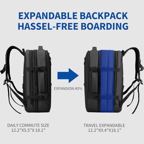 Travel Backpack for Men Women, Expandable Carry on Backpacks with USB Charging Port for Business Work Commute Casual, Black