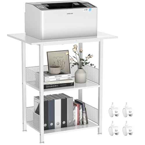 Printer Stand, 3-Tier Industrial Large Printer Table with Shelf, 23"x15" Mobile Heavy Duty Storage Rack on Wheels for Home Office Printer Fax Machine Scanner Copier, White