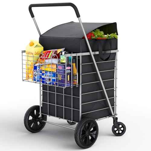 Shopping Cart w/Waterproof Basket Liner & 360¡Æ Swivel Wheels | Foldable Collapsible & Lightweight | Perfect for Groceries Laundry Utility Cart - Silver