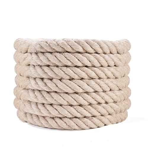 Natural Jute Rope 1 Inch x 50 Ft - Heavy Duty 900 LB Strength, Twisted Hemp Rope for Crafts, Porch Swings, Tug of War, Deer Hunting, Nautical Decor, Landscaping & Home DIY Projects