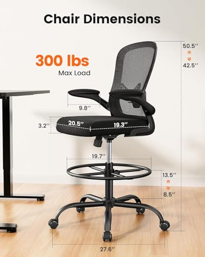 ErGear Drafting Chair Black with Footrest, Flip-Up Arms & Ergonomic Support