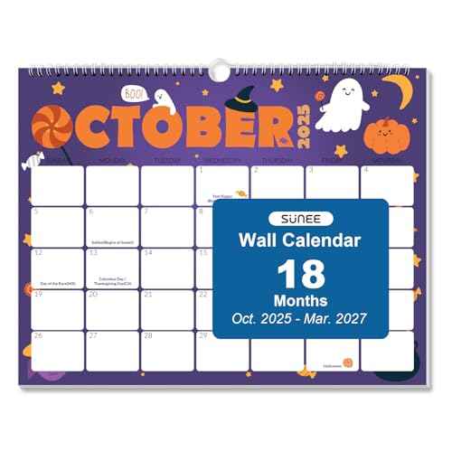 SUNEE Wall Calendar 2025-2026, 18 Months Hanging Monthly 2026 Calendar 11"x8.5", October 2025 to March 2027, for Organizing & Planning, Cute