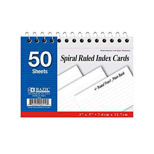 BAZIC Products Ruled Index Cards Book 3" X 5" 1800 Count, Spiral Bound Memo, White Flashcards, Ruled Lined Card for Learning Memory Reminder (50/Pack), 36-Packs