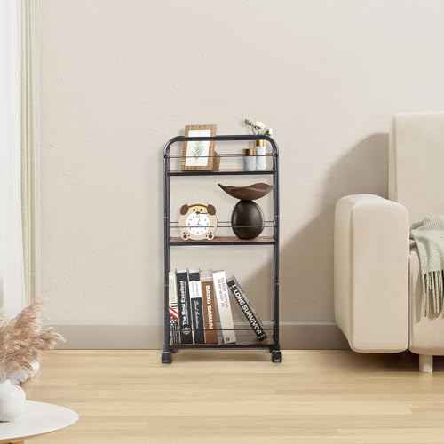 FULITE 3-Layer Narrow Storage cart£¬A Rolling car with Wheels£¬Steel Frame,Kitchen£¬Restaurant£¬Multi Functional Trolley£¨Black and Brown£©