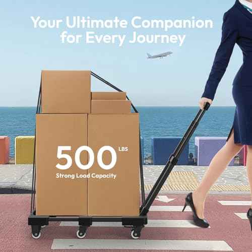 Folding Hand Truck 500lbs, Portable Heavy Duty Dolly Cart, 6 Wheels Collapsible Luggage Cart with 2 Elastic Ropes - Compact Trolley Cart for Easy Moving - Ideal Hand Cart for Travel and More