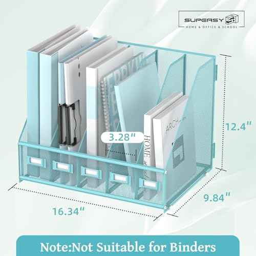 SUPEASY Desk Organizers Metal Desk Magazine File Holder with 5 Vertical Compartments Rack File Organizer for Office Desktop, Home Workspace, Blue