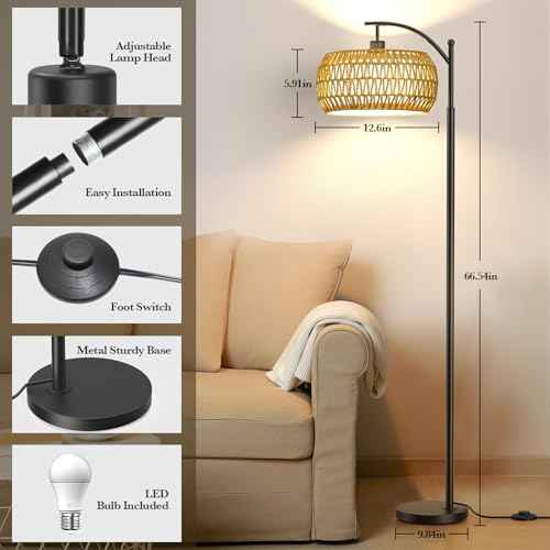 Arc Floor Lamps with Remote Control and Stepless Dimmable Color Temperature and Brightness Rattan Floor Lamps with Rattan and Cloth Dual Lampshade Standing Lamp for Living Room Bedroom, Black