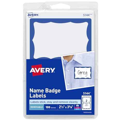 Avery Customizable Name Tags, 2-1/3" x 3-3/8", White with Blue Border, 100 Removable Name Badges (05144)